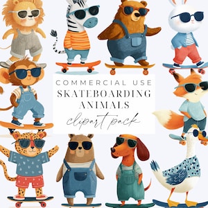 May include: A collection of cartoon animals skateboarding, including a lion, zebra, bear, rabbit, monkey, fox, cheetah, dog, and goose. Each animal wears sunglasses and casual clothing. The image includes the text "COMMERCIAL USE SKATEBOARDING ANIMALS clipart pack."