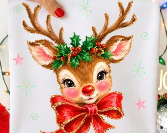 Vintage Rentier PNG Adrette Weihnachten Rentier PNG Kokette Urlaub T-Shirt Design Adrette Pinselstrich Weihnachten PNG Niedliche Weihnachtsgrafik
