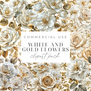 Ensemble de cliparts floraux blancs et dorés fleurs en or blanc PNG Bundle de cliparts floraux dorés mariage Clipart fond transparent téléchargement numérique