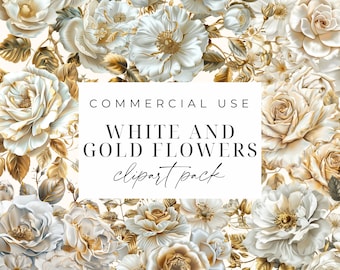 White And Gold Floral Clipart Set White Gold Flowers PNG Gold Floral Clipart Bundle Wedding Clipart Transparent Background Digital Download
