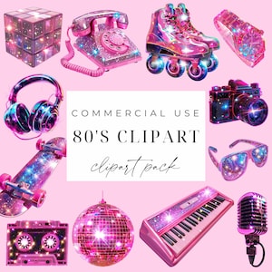 Ensemble de cliparts rétro des années 80 Clipart néon en téléchargement numérique Disco Clipart Cassette Clipart 80's rose fluo PNG Bundle pour un usage commercial