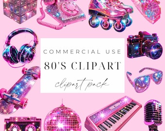 80's Retro Clipart Set 80's Neon Clipart Digital Download Disco Clipart Cassette Clipart 80's Neon Pink PNG Bundle For Commercial Use