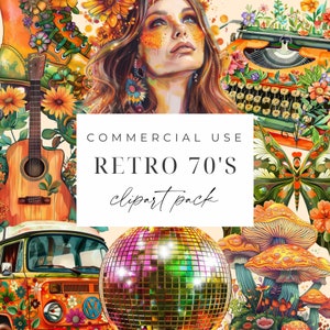 Ensemble de cliparts rétro des années 70 Floral vintage Clipart Bundle Boho hippie Clipart Clipart rétro PNG des années 1970 Groovy Flower Power Sublimation Bundle