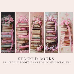 Puede incluir: Cinco marcadores imprimibles que presentan pilas de libros antiguos con flores rosas y acentos de cinta rosa. Los marcadores están titulados "Stacked Books: Printable Bookmarks for Commercial Use".
