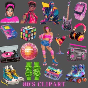 May include: A collection of 80's themed clipart images. Includes a Rubik's cube, roller skates, a boombox, a cassette tape, a disco ball, a guitar, a watch, a turntable, a video game console, headphones, and people.
