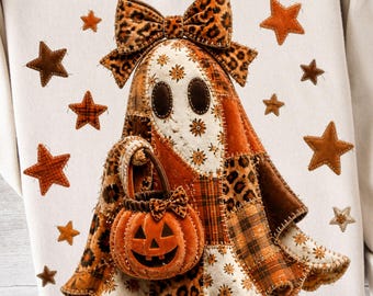 Coquette Ghost PNG Preppy Ghost PNG Patchwork Leopard Skin Ghost Design Ghost Bow PNG Girly Fall Tee Halloween Designs Digital Download
