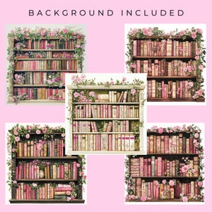 May include: Five different images of bookshelves filled with books, each bookshelf is decorated with pink flowers and greenery.  The bookshelves are all white with a wood top and bottom.