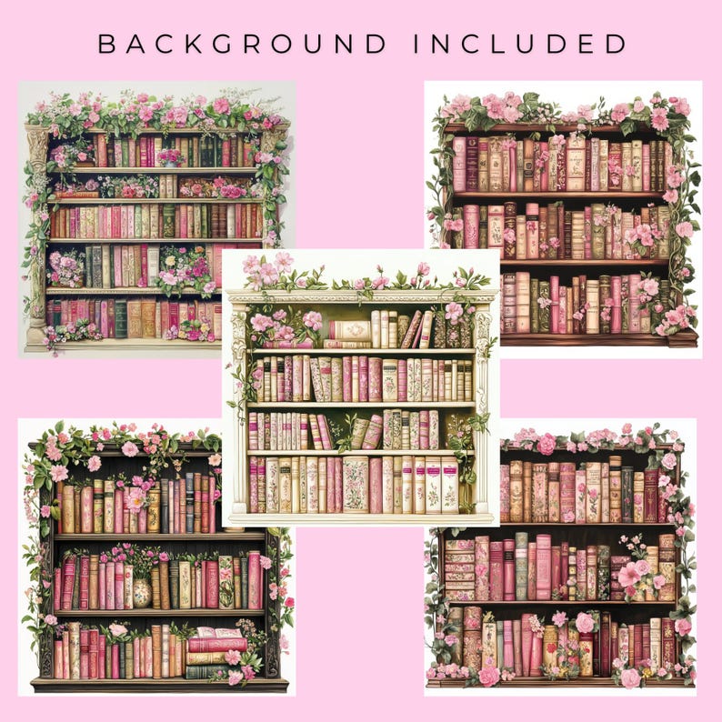 May include: Five different images of bookshelves filled with books, each bookshelf is decorated with pink flowers and greenery.  The bookshelves are all white with a wood top and bottom.