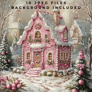 May include: A pink gingerbread house with white frosting and candy decorations. The house is surrounded by snow and trees. The image includes the text "10 JPEG FILES BACKGROUND INCLUDED".