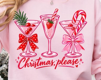 Christmas Please PNG Preppy Christmas PNG Retro Festive Cocktail PNG Holiday Drink Sublimation Girly Coquette Bow Design Merry Christmas Tee