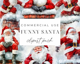 Op de afbeelding: Een digitaal clipart-pakket met vijf illustraties van Sinterklaas in verschillende humoristische poses. Elke Sinterklaas is afgebeeld in een rood pak met witte versieringen en een witte baard. De illustraties zijn geplaatst tegen een besneeuwde achtergrond met bakstenen schoorstenen.
