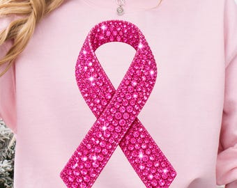 Breast Cancer Pink Ribbon PNG Rhinestone Glam Breast Cancer Shirt PNG Breast Cancer Awareness Design Preppy Pink Diamond Ribbon Graphic
