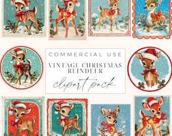 May include: A collection of vintage Christmas reindeer clipart. Each image features a fawn wearing a Santa hat and a red bow, set against a backdrop of holly and snow. The images are in various frame styles, including stamps and circles.