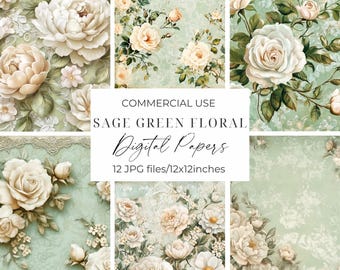 Sage Green Floral Digital Paper Watercolor Floral Lace Pastel Wedding Paper Floral Green Shabby Chic Scrapbook Paper Printable Background