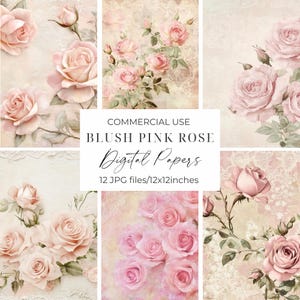 Pastel Pink Floral Digital Paper JPG Blush Pink Vintage Rose Scrapbook Paper Pink Shabby Chic Wedding Background Botanical Decoupage Papers