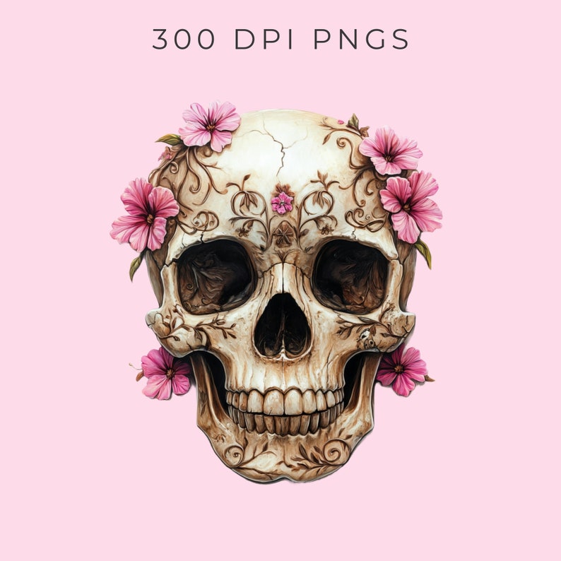 Pode incluir: Uma caveira branca com desenhos florais intrincados e flores cor-de-rosa em torno do topo. A caveira tem um design detalhado e esculpido e um sorriso cheio de dentes.
