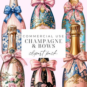 Champagne And Bows Clipart Champagne Bottles PNG Preppy Coquette Clipart Toile Champagne Design Wedding Party Grandmillenial Graphics