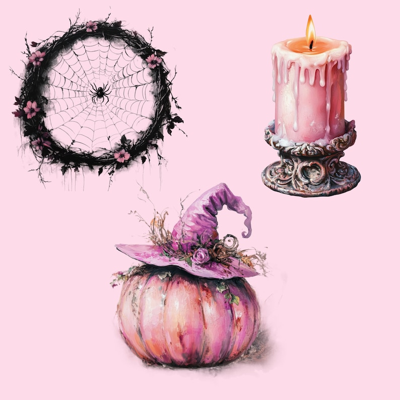 Pode incluir: Uma ab&oacute;bora rosa com um chap&eacute;u de bruxa, uma coroa de teia de aranha com flores cor-de-rosa e uma vela rosa em um suporte decorativo.