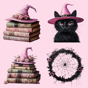 Pode incluir: Quatro ilustra&ccedil;&otilde;es com tema de Halloween. Um gato preto usando um chap&eacute;u de bruxa rosa, uma pilha de livros antigos com um chap&eacute;u de bruxa rosa no topo, uma teia de aranha em uma coroa de galhos pretos com flores rosas, e outra pilha de livros antigos com um chap&eacute;u de bruxa rosa no topo.