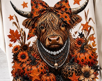 Western Halloween Highland Cow PNg Pumpkin Bow Cow PNG Preppy Halloween Designs Brushstroke Girly Halloween PNG Thanksgiving PNG