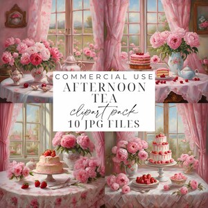Puede incluir: Un paquete de clipart digital de 10 archivos JPG con imágenes de un ambiente de fiesta de té floral rosa. Las imágenes incluyen una mesa con mantel floral rosa, tazas de té, teteras, pasteles y flores. El texto "COMMERCIAL USE AFTERNOON TEA clipart pack 10 JPG FILES" se muestra en la imagen.