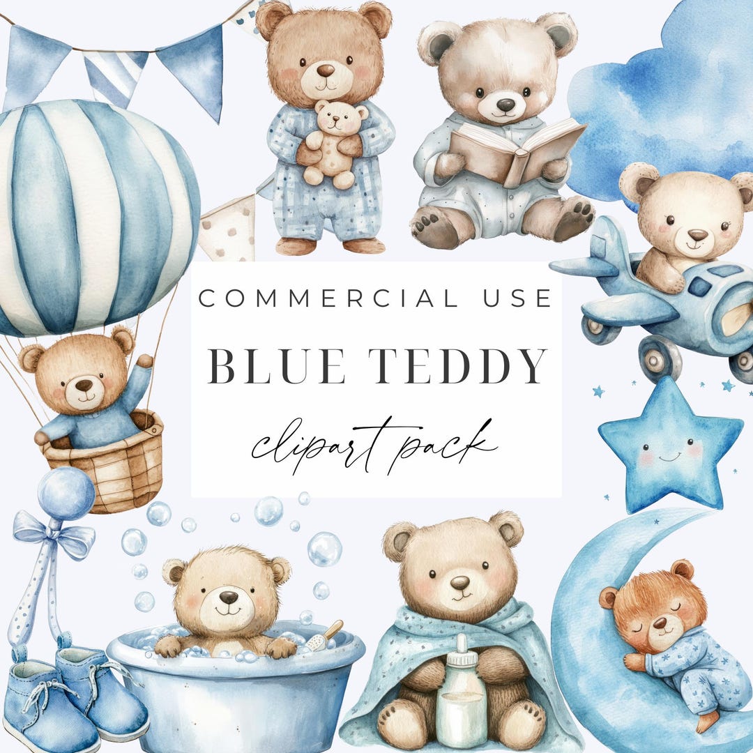 Blue Teddy Bear Watercolor Clipart Teddy Bear Clipart PNG Blue Baby ...
