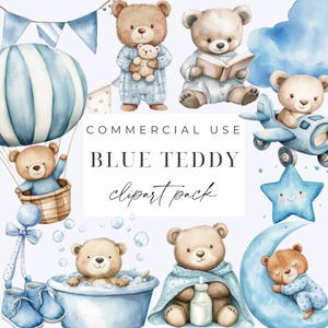 Blue Teddy Bear Watercolor Clipart Teddy Bear Clipart PNG Blue Baby Shower Clipart Boys Nursery Clipart Transparent Background Printable