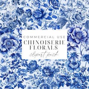 Blauwe chinoiserie bloemen clipart chinoiserie clipart bundel aquarel chinoiserie bloemen digitale PNG blauwe toile Franse bloemenafbeeldingen