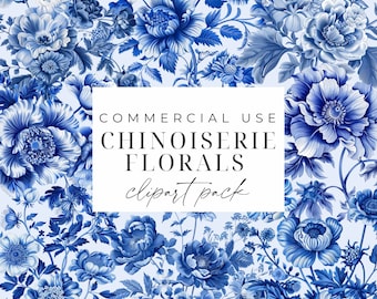 Blue Chinoiserie Floral Clipart Chinoiserie Clipart Bundle Watercolor Chinoiserie Flowers Digital PNG Blue Toile French Floral Graphics