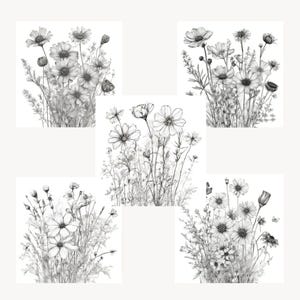 May include: Five black and white line drawings of flower bouquets. Each drawing features a different arrangement of flowers and foliage.