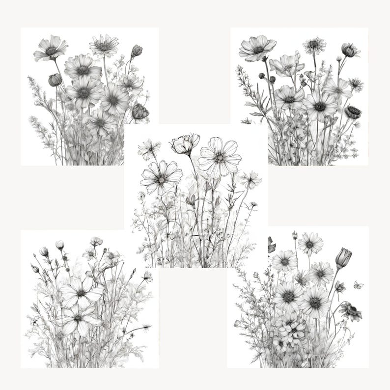 May include: Five black and white line drawings of flower bouquets. Each drawing features a different arrangement of flowers and foliage.