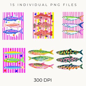 Może przedstawiać: Kolorowa grafika cyfrowa z ilustracjami ryb. Każda ryba ma unikalne wzory i kolory na tle pask&oacute;w z gwiazdami. Tekst "15 INDIVIDUAL PNG FILES" i "300 DPI" jest r&oacute;wnież zawarty.