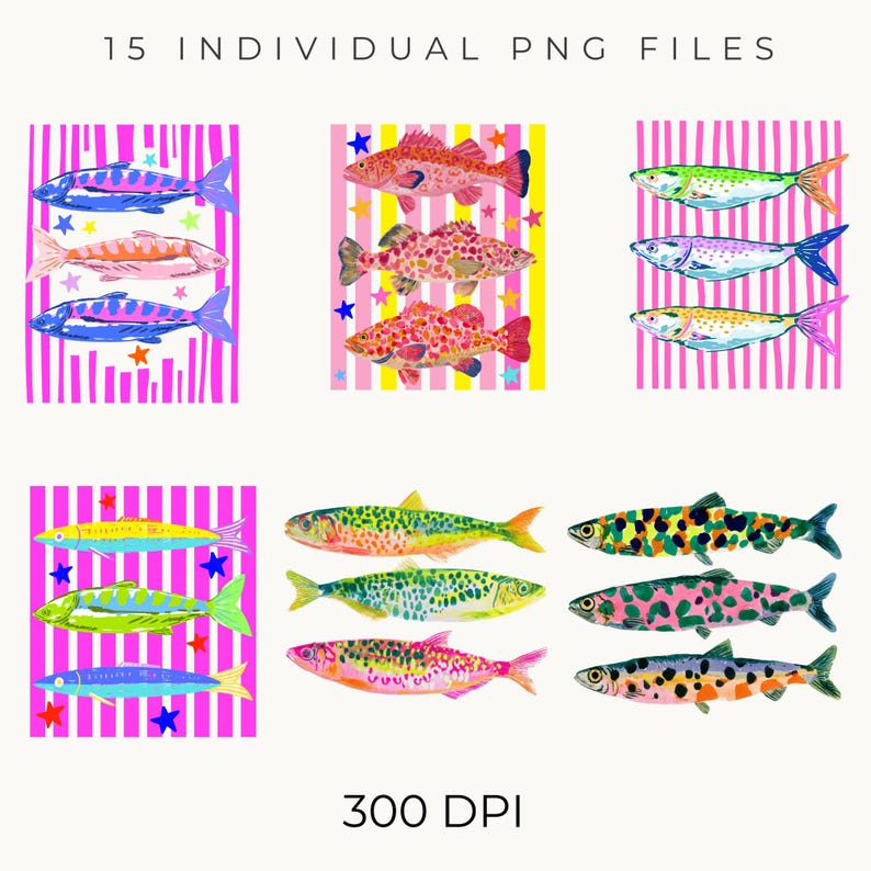 Może przedstawiać: Kolorowa grafika cyfrowa z ilustracjami ryb. Każda ryba ma unikalne wzory i kolory na tle pask&oacute;w z gwiazdami. Tekst "15 INDIVIDUAL PNG FILES" i "300 DPI" jest r&oacute;wnież zawarty.