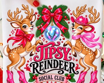 Preppy Cowgirl Christmas PNG Christmas Reindeer PNG Western Christmas PNG Retro Country Christmas Design Tipsy Reindeer Social Club Graphic