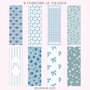 May include: Eight digital paper designs in a blue and white color scheme. The designs include floral patterns, gingham, bows, and stripes.