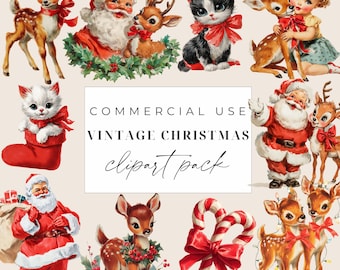 May include: A collection of vintage Christmas clipart featuring Santa Claus, deer, kittens, and a girl. The illustrations are in a retro style with red bows and holly accents. The text in the center reads "COMMERCIAL USE VINTAGE CHRISTMAS clipart pack."