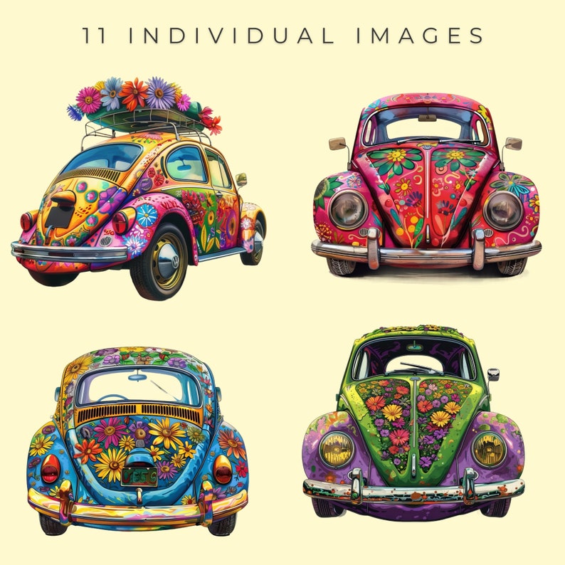 Vintage Beetle Car Clipart VW Bug PNG Retro Beetles Hippie 70s Clipart ...