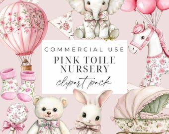 Pink Toile Watercolor Nursery Clipart Chinoiserie Toile Clipart PNG Toil de Jouy French Floral Baby Shower Girls Clipart Set Commercial Use