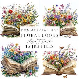 Bloemen boeken Clipart Open boek Clipart JPGs Cottage Books Afdrukbare boeken en bloemen Vintage digitale download kaarten maken Paper Crafting