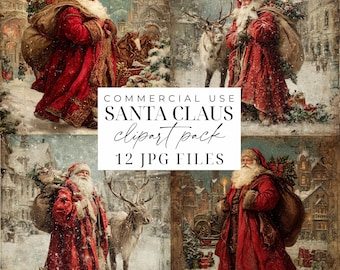 May include: A vintage-style digital art pack featuring Santa Claus in various scenes. Santa is depicted in a red coat with a white beard, carrying a sack of gifts. The images have a snowy, winter theme with reindeer and buildings. Text on the image reads "COMMERCIAL USE SANTA CLAUS clipart pack 12 JPG FILES."