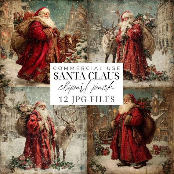 Christmas Clipart Set Santa Claus Clipart Digital Pages Christmas Ephemera Clipart JPG Vintage Santa Clipart Digital Christmas Papers