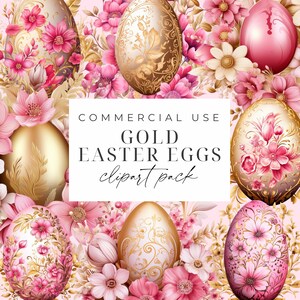 Clipart de huevo de Pascua dorado, huevos de Pascua dorados, clipart PNG de huevo floral dorado, conejito de Pascua, uso comercial, clipart floral de Pascua en acuarela