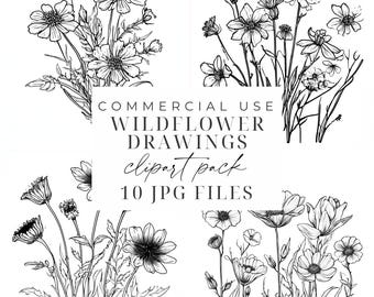 Wildflower Drawing Clipart Wildflower Line Art Illustrations 10 Quality JPGs Printable Watercolor Clipart Black And White Floral Clipart