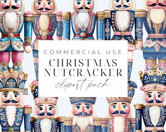 May include: A set of ten digital illustrations of Christmas nutcrackers. The nutcrackers are all wearing different outfits, some with pink and blue accents, and some with gold accents. The nutcrackers are all smiling and have a whimsical look. The text "COMMERCIAL USE CHRISTMAS NUTCRACKER clipart pack" is displayed in the center of the image.