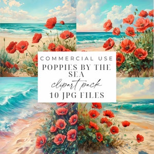 JPG pavots paysage bord de mer aquarelle JPGs scène côtière Clipart imprimable scènes de plage JPEG floral indésirable journalisation Scrapbooking