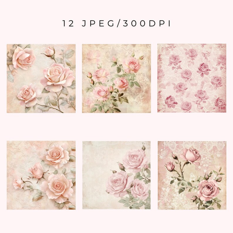 Pastel Pink Floral Digital Paper JPG Blush Pink Vintage Rose Scrapbook ...