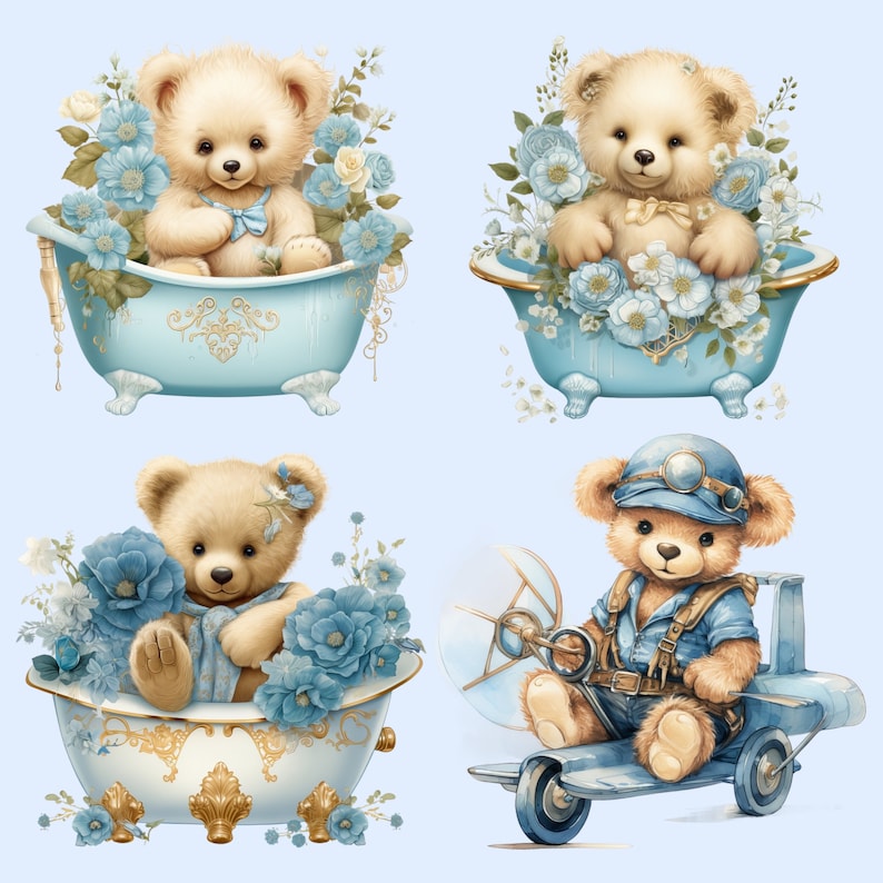 Teddy Bear Clipart Bundle Set Boy Baby Shower Blue Nursery Clipart Blue ...
