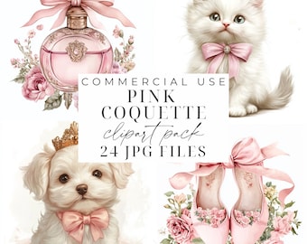 Pink Coquette Clipart Bundle Vintage Watercolor Clipart JPGs Preppy Girly Coquette Aesthetics Digital Cottagecore Graphics Paper Crafting
