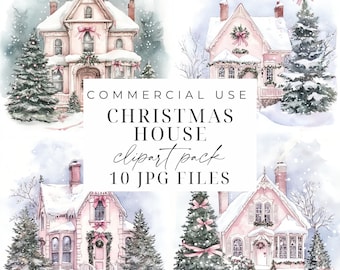 Christmas House Clipart 10 Watercolor Christmas Cozy House Winter Clipart JPG Christmas Village Instant Download Christmas Card Paper Crafts