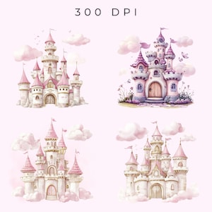 May include: Four watercolor illustrations of fairytale castles in shades of pink and white, with pink flags and turrets. Fluffy pink clouds surround the castles, set against a soft pink background. The text "300 DPI" is at the top.